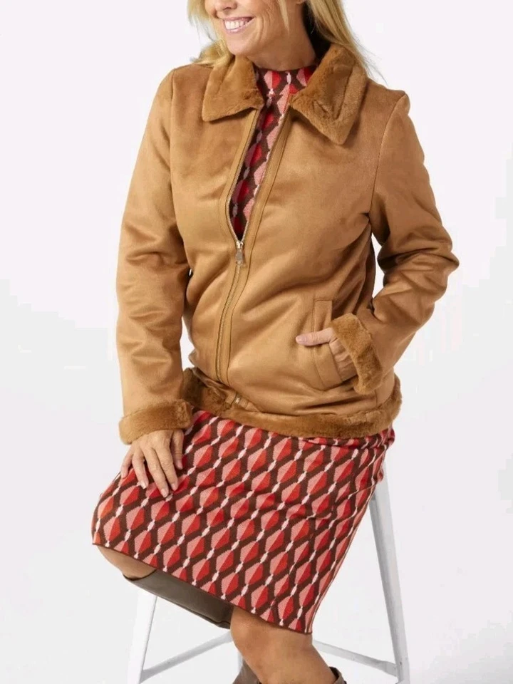 Ellen Tracy Long Sleeve Zip Front Faux Shearling Jacket, Luggage, Size L - Image 2 of 4