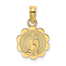 14k Yellow Gold Praying Hands and Cross On Scalloped Round Disk Charm Pendant