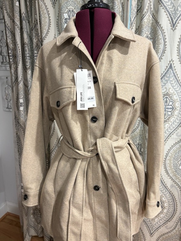 Zara XL Tan Long Sleeve Button Up 4-pocket Shacket W/Belt Nwt $69