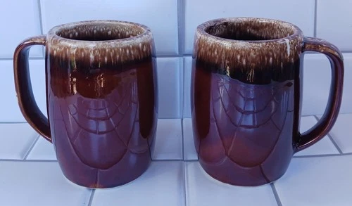 Vintage Hull Pottery Brown Drip Glaze Mugs Cup Stein Set Of 2 Made In USA