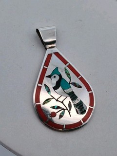 Dennis & Nancy Edaakie Zuni Vintage Sterling Silver Gem Inlay Blue Jay Pendant