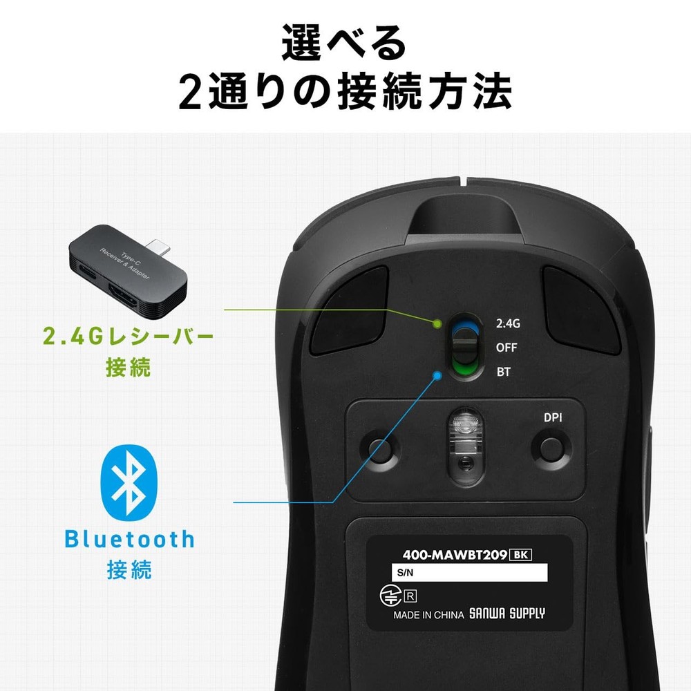 Bluetooth Wireless Mouse with 2.4G USB-C Receiver and USB Hub Function
