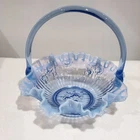 Vintage Fenton Glass Bride Basket Raffled Lavender Blue Opalescent Cabbage Rose