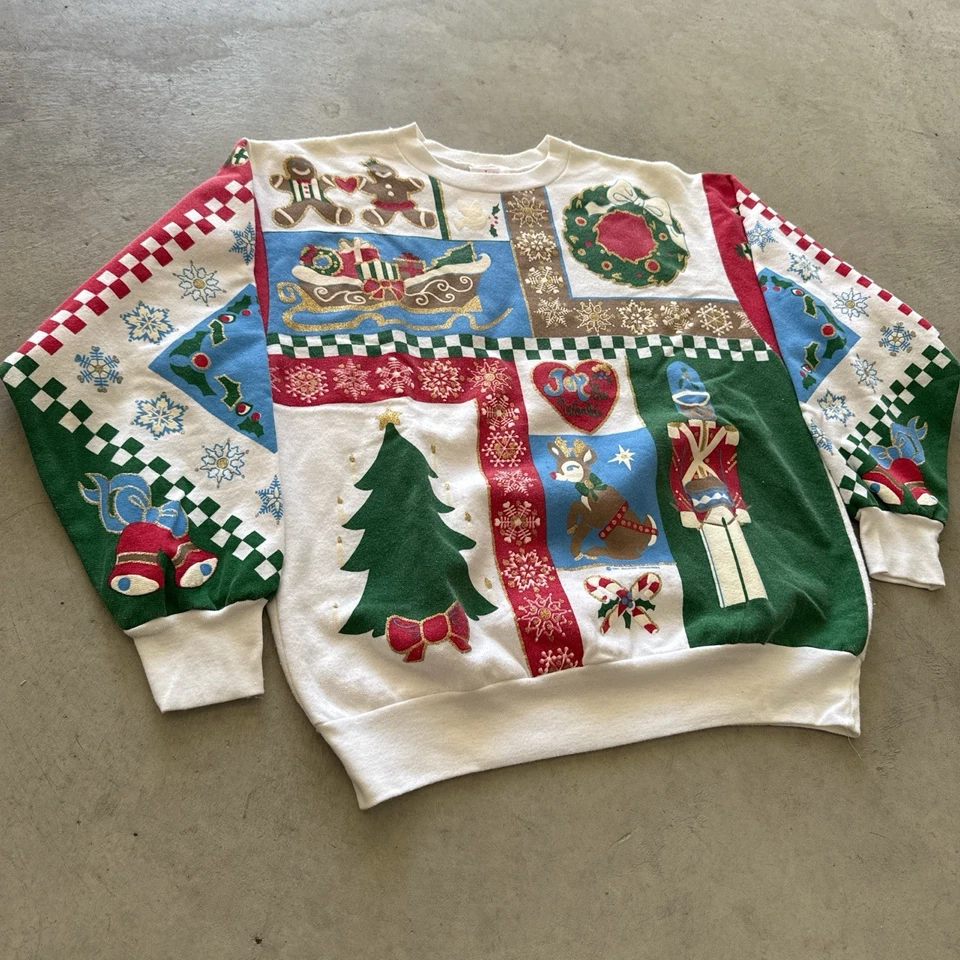 De colección Años 80 Jane Colby Blanco Multicolor AOP Navidad Cuello Redondo Hecho en EE. UU. Foto 2 de 4