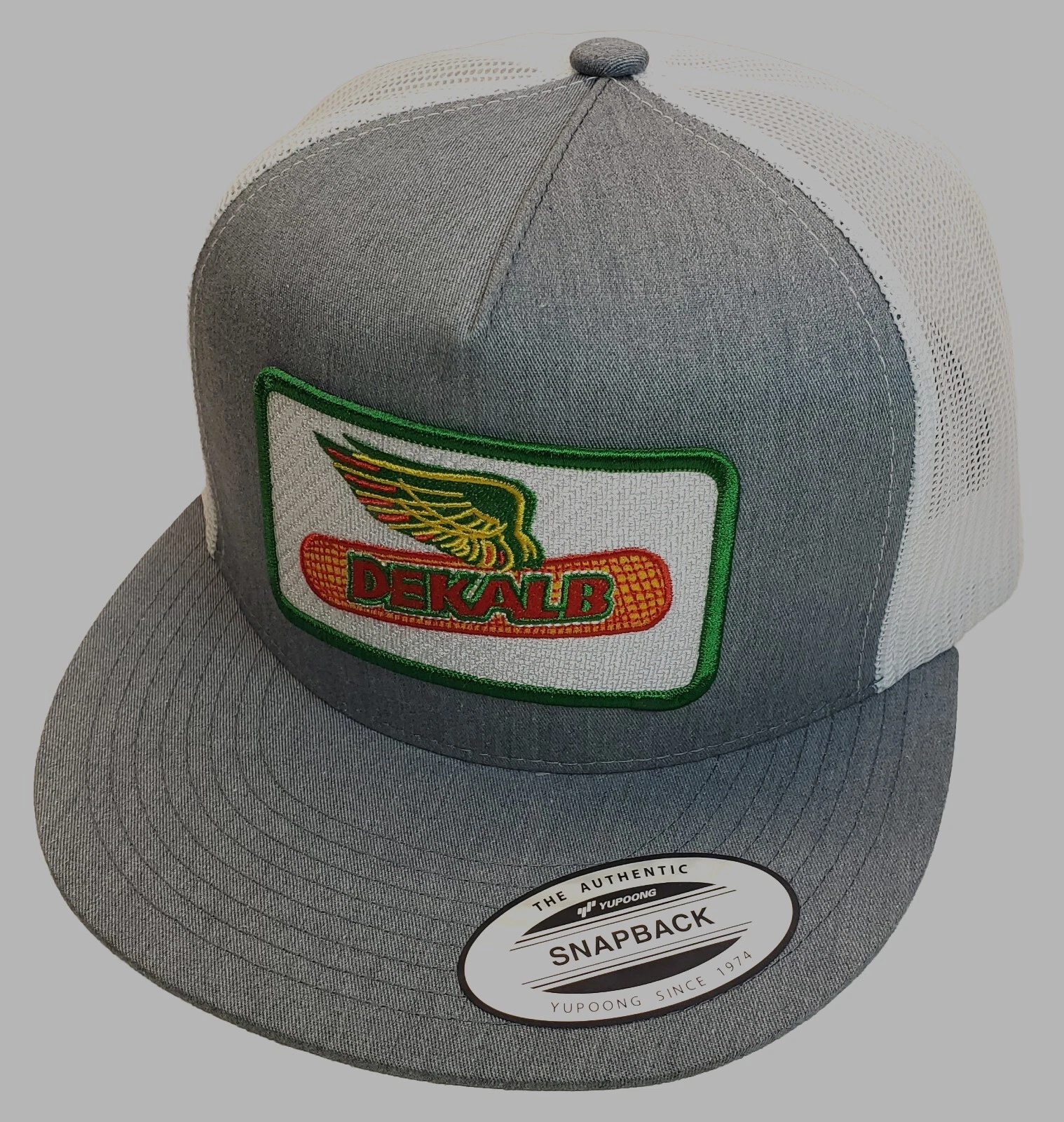 DEKALB SEED Patch on Yupoong 6006 Classic Trucker Hat Snapback Heather/White