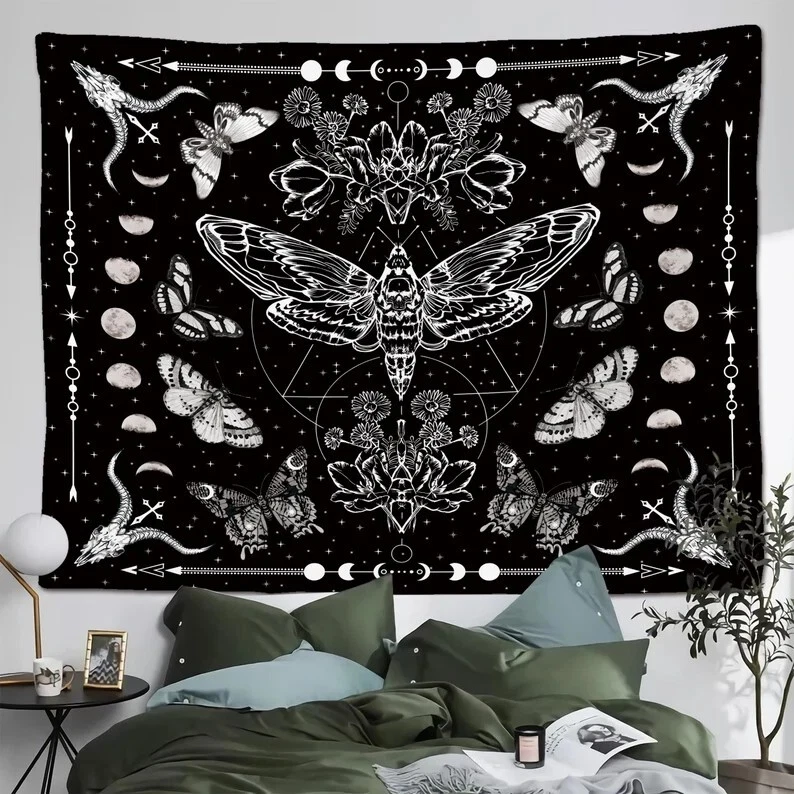 Tapiz Polilla Fase Lunar y Estrellas Blanco y Negro Fase Lunar Foto 2 de 3