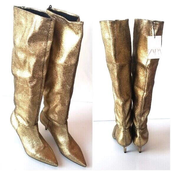 NWT ZARA GOLD METALLIC KITTEN HEEL POPULAR RUNWAY/VOGUE