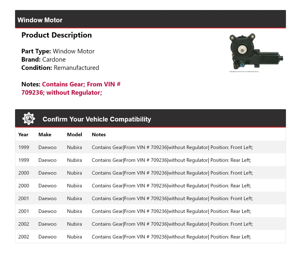 Para 1999-2002 Daewoo Nubira Ventana Motor Cardone 2000 2001 Foto 2 de 4