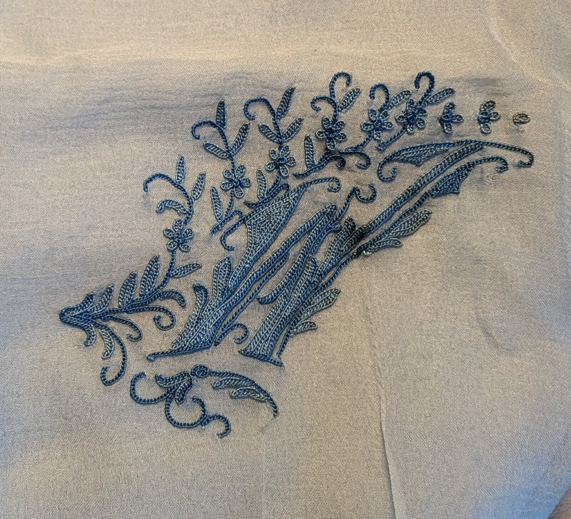 Embroidered Blue Silk Hand Rolled 27" Square Scarf with Embroidered Letter W