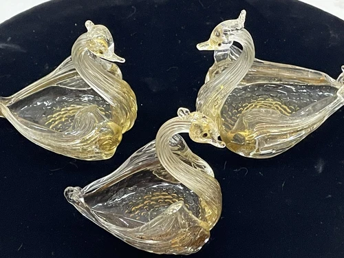 Vintage Murano Art Glass 3 Swan Trinket Dishes Pink W/Gold Flecks (Blown Glass)