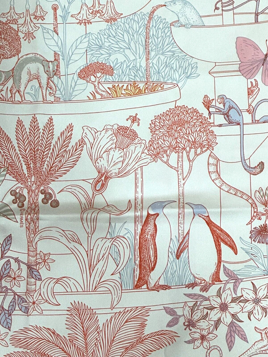 HERMES PRECIOUS PARADISE Carre 90 100% silk Excellent Ivory Orange