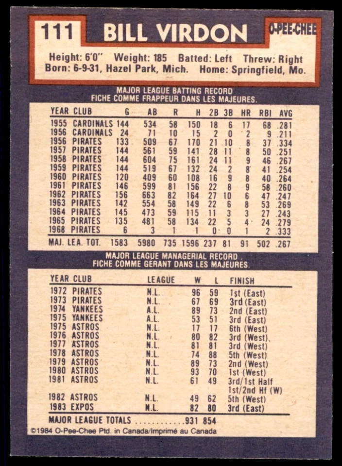 1984 O-PEE-CHEE BILL VIRDON . MONTREAL EXPOS #111 - Image 2 of 2