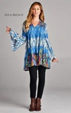 New VELZERA Womens BLUE PINK PAISLEY BOHO GYPSY HIPPIE SHIRT TUNIC S M L XL 1X