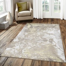 Beige Gold Cream Splash Shimmer Sheen Effect Modern Rug Silky Soft Mat Runner
