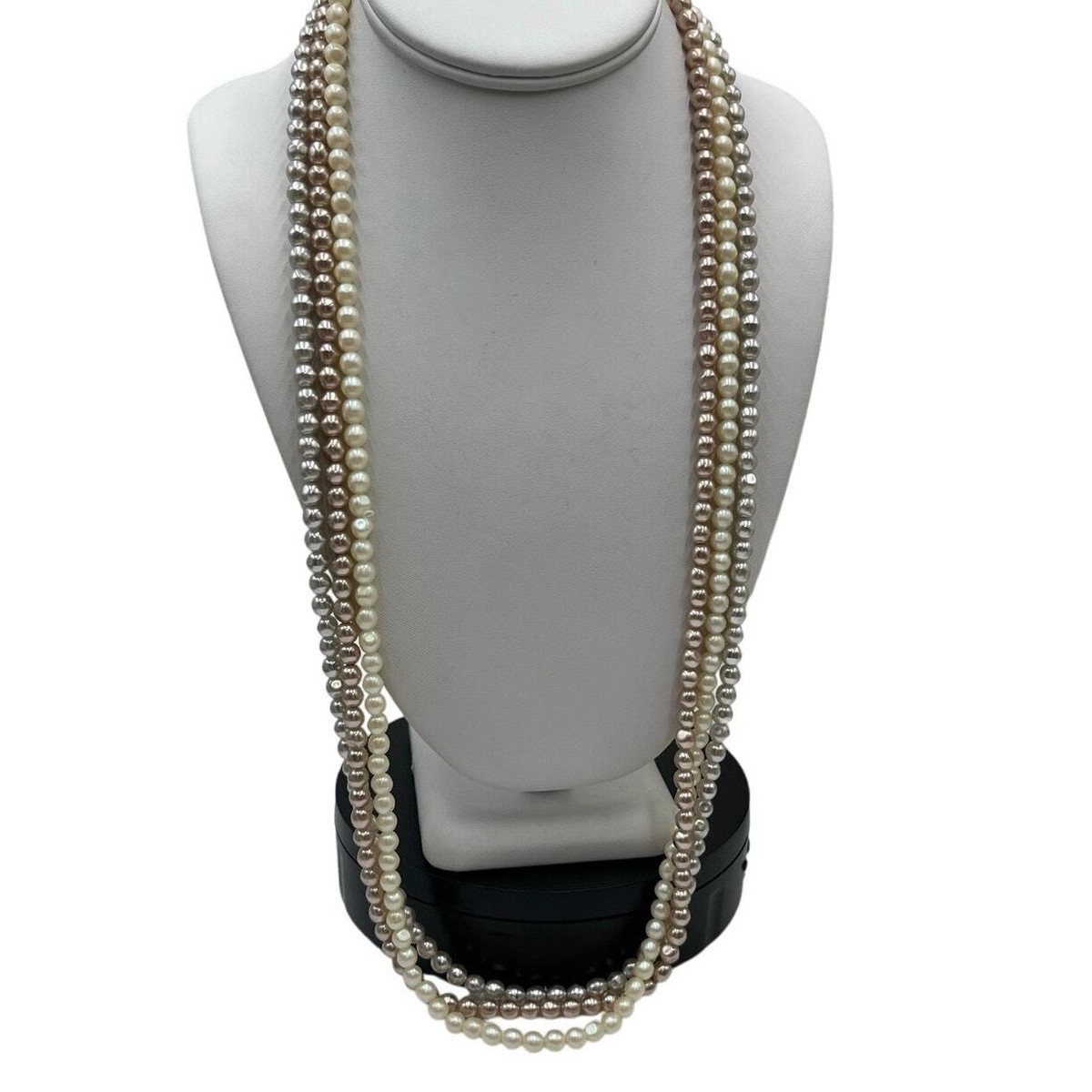 Napier Signed Vintage Triple Strand Faux Pearl 30” Cream Gray Champagne  Necklace