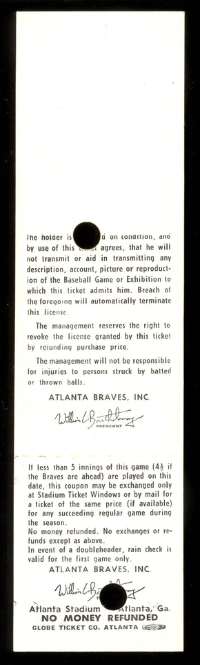 1968 APRIL 12 TICKET #1 Home Game Cincinnati Reds ATLANTA BRAVES Rose Hank Aaron - Image 2 of 2