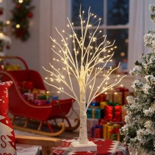 2 PCS White Tree with Lights Mini Birch Branch Tree with 24 Warm White LED