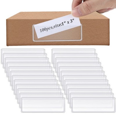 100 Pcs Label Holder Adhesive Clear Pocket 3x1 Inch Plastic Shelf Tag Stickin...
