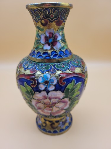 Vaso smaltato cloisonné 6" tono oro fiori rosa - Foto 6 di 11