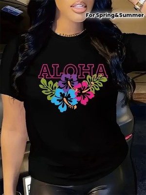 Women'S Aloha Floral Print T-Shirt - Casual Black Tee with Colorful Hibiscus &