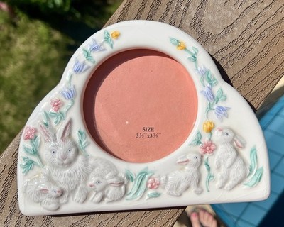 Vintage 1980 s Ceramic Easter Bunnies Picture Frame 3D Family Cottagecore Baby