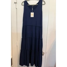 White Mark Navy Blue Tiered Maxi Sleeveless Sundress NWT Large