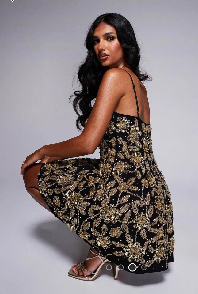 Mini vestido de festa Asos Luxe floral enfeitado alargamento linha A EUA 10 - Imagem 3 de 4