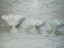 Fenton Milk Glass Hobnail Ruffle Crimped Edge Pedestal Ribbed Swirl Footed 3 