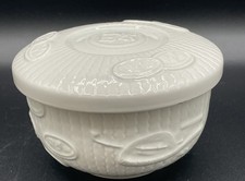 Chinese Bowl With Lid White Symbols And Scenes Adorn Jar “Good Luck”