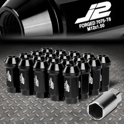 J2 ENGINEERING 7075 ALUMINUM M12X1.5 20PCS 50MM CLOSE-END LUG NUT W/KEY BLACK