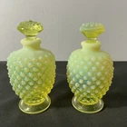 Lot Of 2 FENTON VASELINE  HOBNAIL URANIUM PERFUME  BOTTLES w Stopper 4.5”