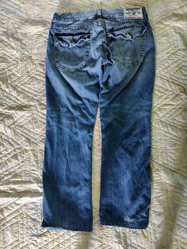 Women’s TRUE RELIGION Y2K Low Rise BLUE World Tour Bootcut Jeans, Size 38