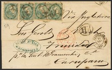 Isabel II. Période Dentée. SUR 100(4). 1869. 200 Mils Vert, Quatre Timbres