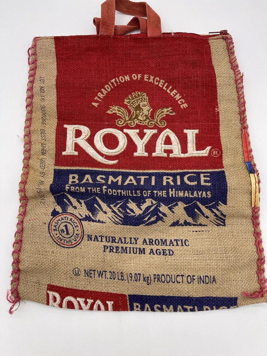 ROYAL BASMATI RICE BAG 25 years EMPTY BURLAP SACK Totes Zipper Close Top  handles