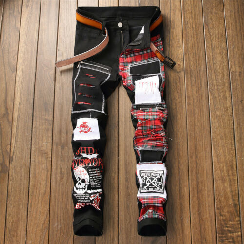 Men's Punk Denim Distressed Ripped Patch Pants Slim Fit Jeans Trousers Hip Hop n - Picture 1 of 26