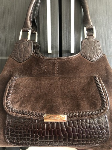 STUNNING EUC $399 Cole Haan Suede Croc Leather Shoulder Hobo Bag Brown - Picture 3 of 8