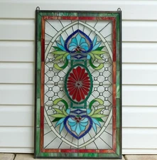 Jeweled Tiffany Style stained glass panel window panel, 20" x 34"