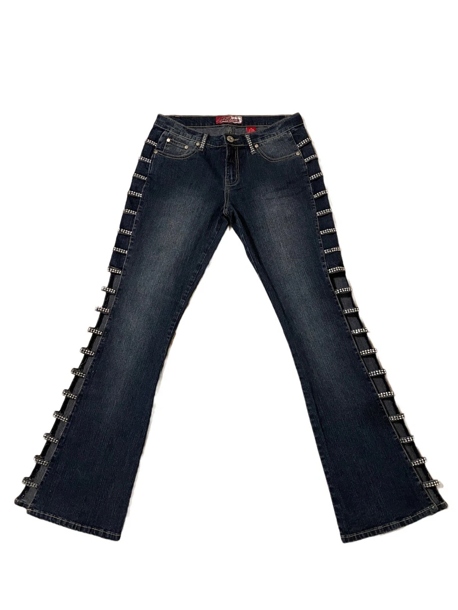 Y2K McBling Lazer Jeans Flare Exposed Leg Rhinestone Accent Jeans 