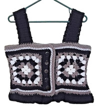 NEW Hand Crochet Vest Sz M Teen Women Granny Square Blk/Gray/White Button front