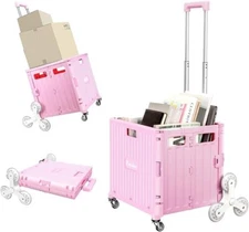 Honshine Foldable Cart with Stair Climbing Wheels Collapsible Rolling Crate Pink