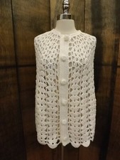 Vtg 1960s White Handmade Open Knit Button Down Cape w/ Scalloped Hem, Hand Slits