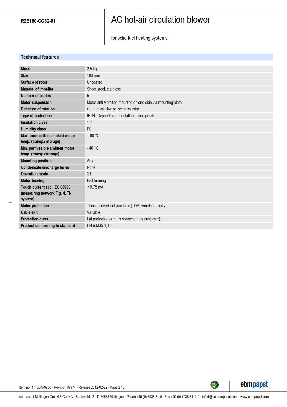Ventilateur Extracteur De Fumée EBM R2E180-CG82-01 Avec Condensateur - Version 6004