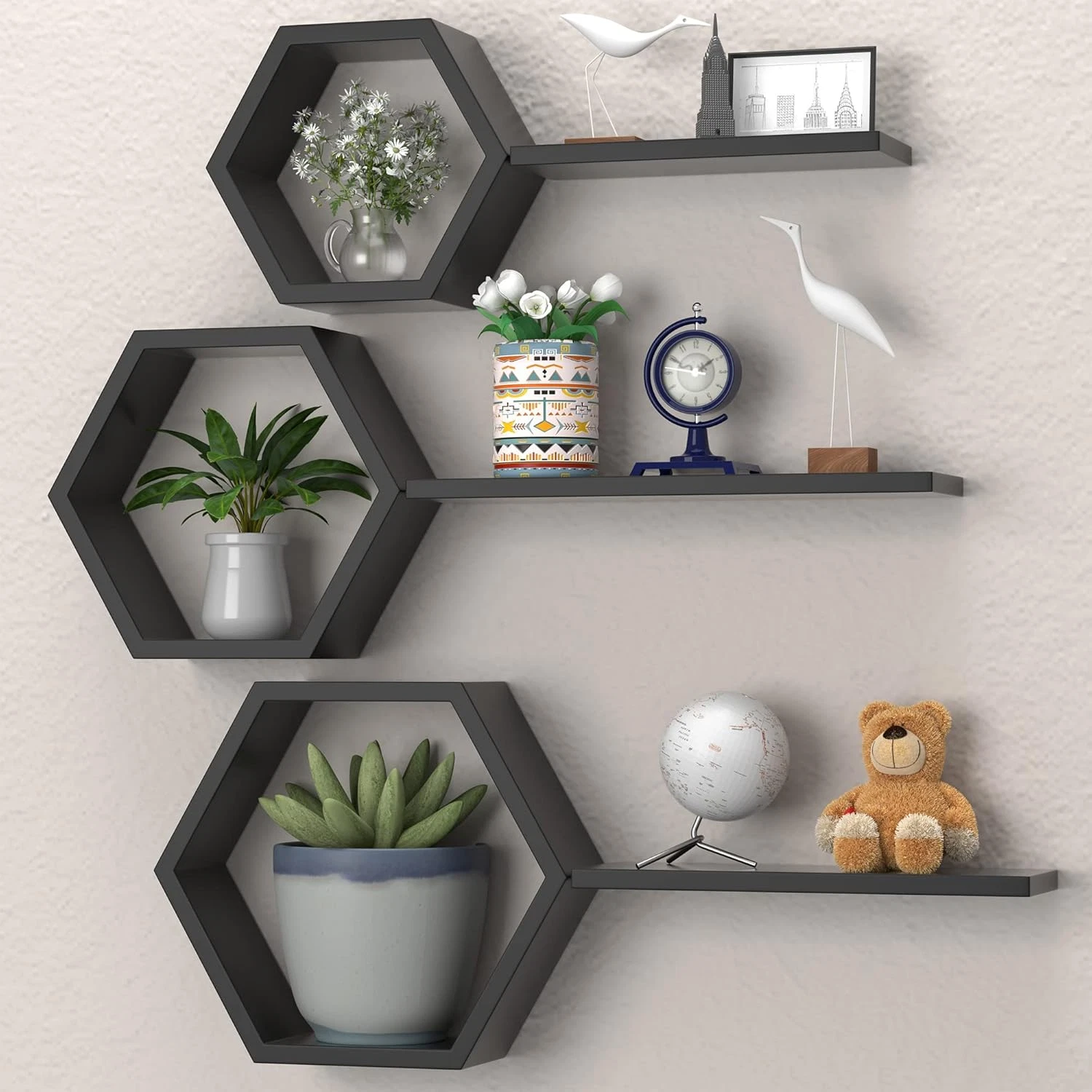 Geometric Hexagon Floating Shelves - Set of 6 Honeycomb Wall Decor Shelves