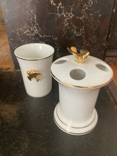 Vintage Made In Japan Toothbrush Holder Set Ceramic Golden Birds