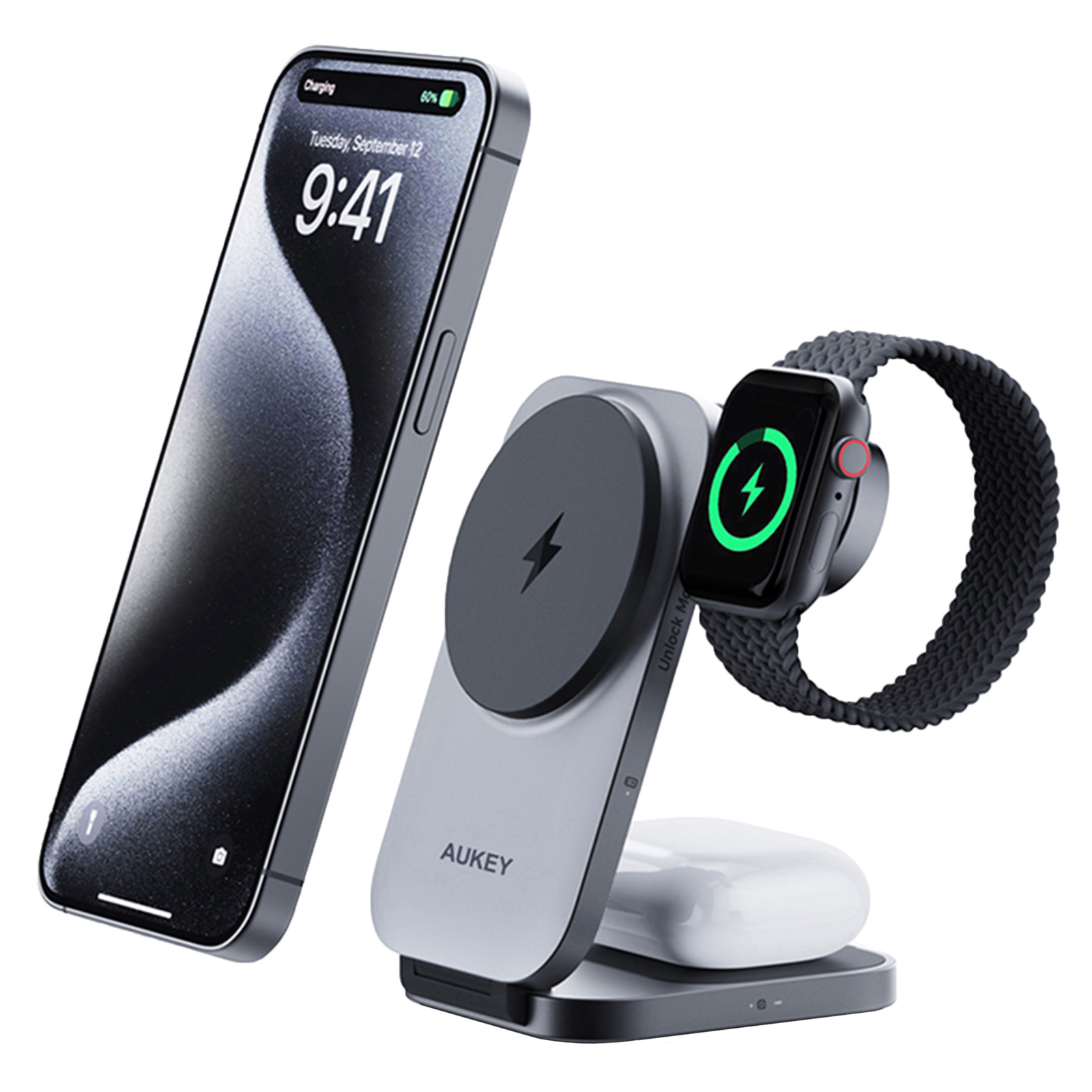 WIRELESS CHARGER APPLE CHARGING STATION STAND IPHONE AIRPODS WATCH 3 IN 1 AUKEY-image