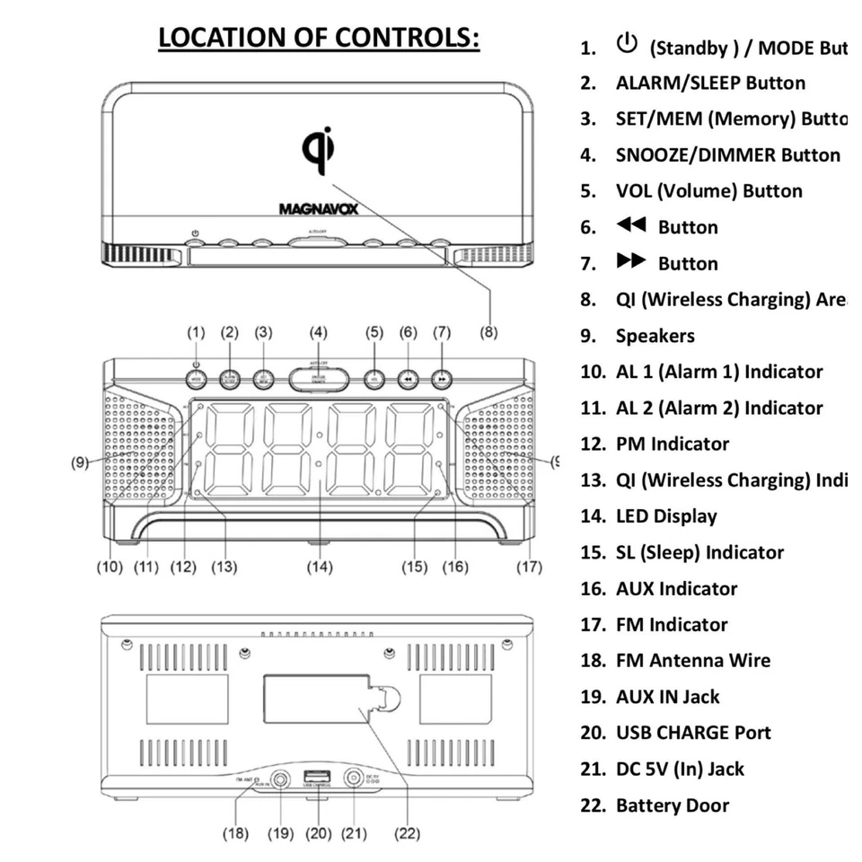 Magnavox MR41807 1.8" Dual Alarm Clock Digital FM Radio Qi Wireless Charging AUX - Image 4 of 4