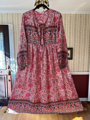 R. Vivimos Maxi Dress Pink Floral Boho Peasant Tassel Ties Size S | eBay