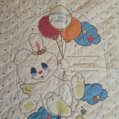 Vintage 80s Baby Quilt Blanket Comforter Mattel Angel Bunny