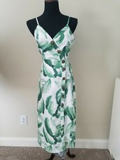 Fashion Nova Beautiful Green/White Laef Print Button Down cut out back Dress Sz 