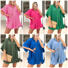 Ladies Gold Button Pleated Frill Ruffle Shirt Shorts Two Piece Summer Co ord Set